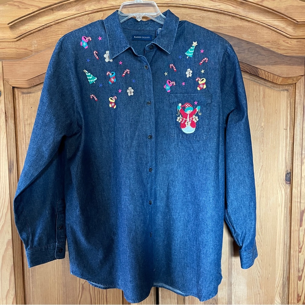Women's XL Women's Denim Christmas Shirt Long Sleeve Vtg Karen Scott NWT